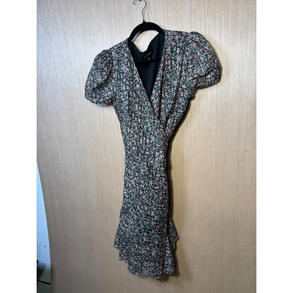 INTERMIX Silk Cotton Floral Wrap Mini Dress Size 12 Puff Sleeve Ruffle Hem Pink